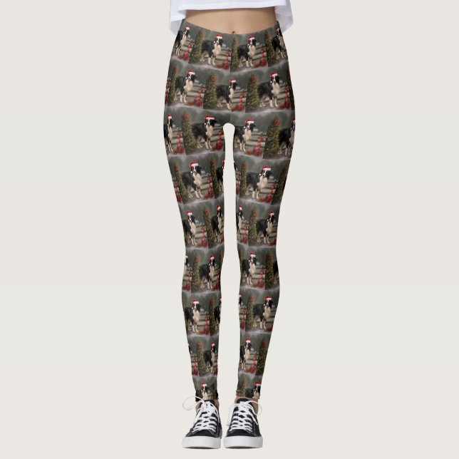 Border Collie Dog in Snow Christmas Leggings (Front)