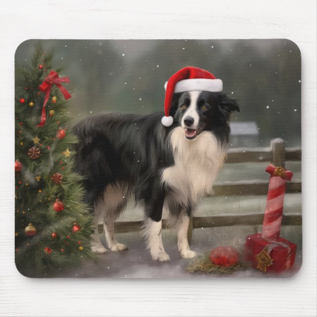 Border Collie Dog in Snow Christmas Mouse Mat (Front)