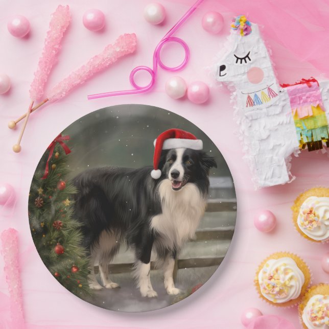 Border Collie Dog in Snow Christmas Paper Plate (Party)