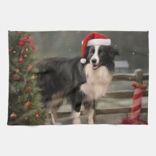 Border Collie Dog in Snow Christmas Tea Towel