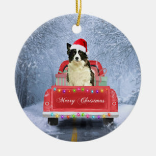 Border Collie Dog in Snow sitting in Christmas  Ceramic Tree Decoration