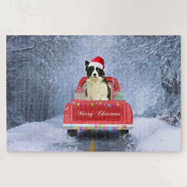 Border Collie Dog in Snow sitting in Christmas  Jigsaw Puzzle (Horizontal)
