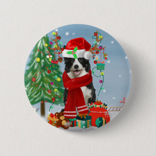 Border Collie dog  in Snow with Christmas gifts   6 Cm Round Badge