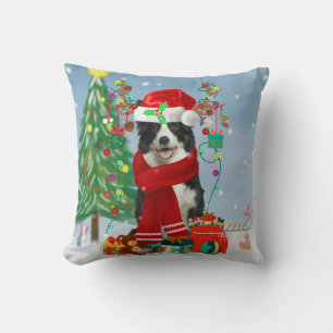 Border Collie dog in Snow with Christmas gifts Cushion