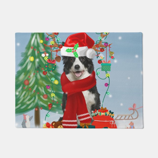 Border Collie dog  in Snow with Christmas gifts  Doormat (Front)