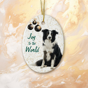 Border Collie Dog Joy to the World Christmas Ceramic Tree Decoration
