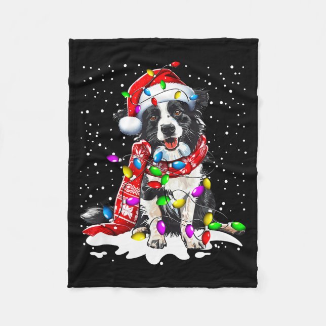 Border Collie Dog Lighting Xmas Santa Hat Christma Fleece Blanket (Front)