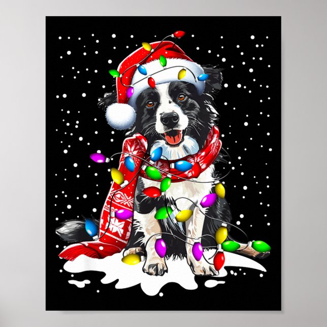Border Collie Dog Lighting Xmas Santa Hat Christma Poster (Front)