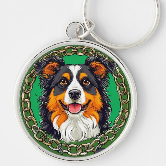 Border collie dog on a green background with chain key ring (Front)