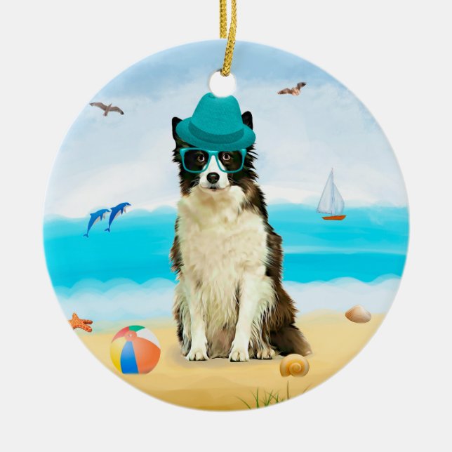 Border Collie Dog on Beach Ceramic Tree Decoration (Front)