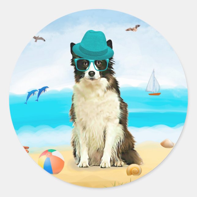 Border Collie Dog on Beach Classic Round Sticker (Front)