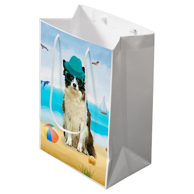 Border Collie Dog on Beach Medium Gift Bag (Front Angled)