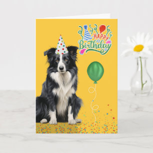 Border Collie Dog Party Hat Yellow Birthday Card
