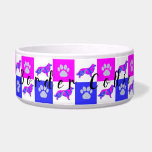 Border Collie Dog & Paw Hot Pink and Blue Dog Bowl