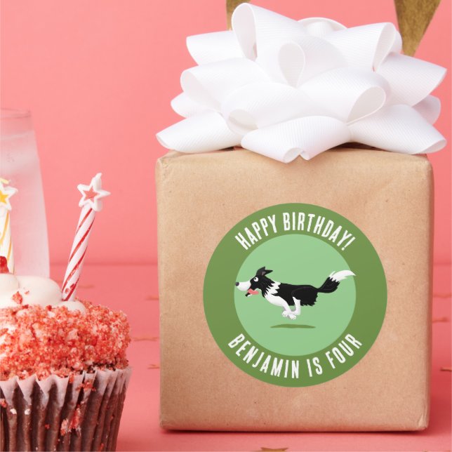 Border Collie dog personalised birthday cartoon Classic Round Sticker (Party)