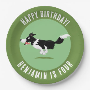 Border Collie dog personalised birthday cartoon Paper Plate