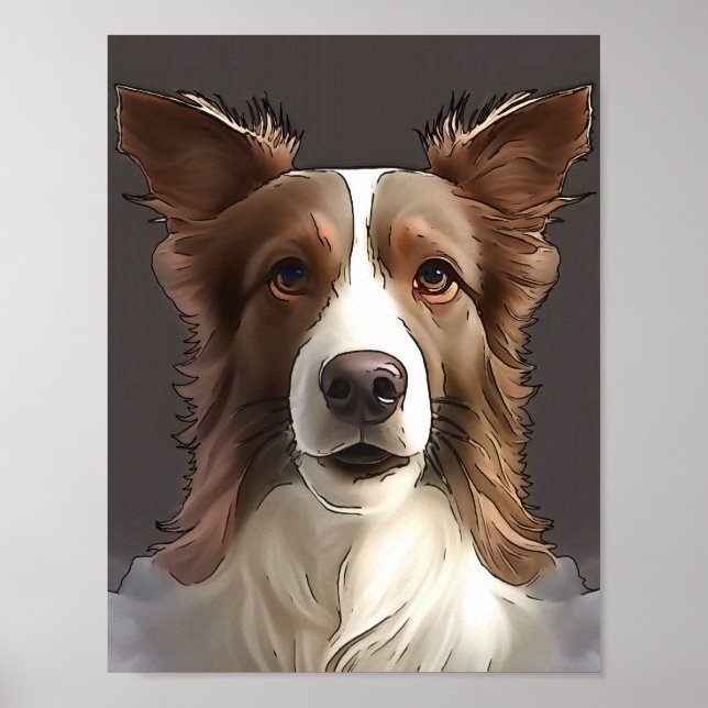 Border Collie Dog Pet Portrait Black Outline Art Poster (Front)