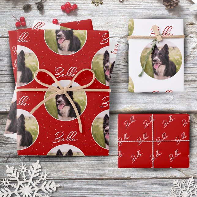 Border Collie Dog Photo Trendy Script Pet Name  Wrapping Paper Sheet (Creator Uploaded)