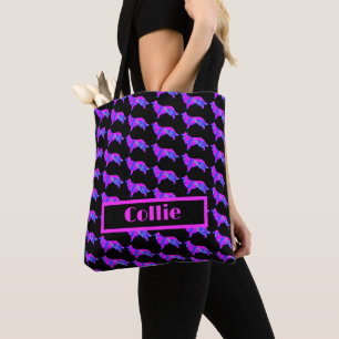 Border Collie Dog Pink Blue Silhouette Monogram Tote Bag