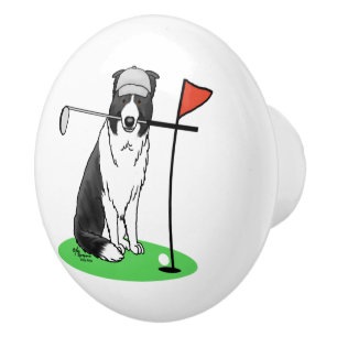 Border Collie Dog Playing Golf (black & white) Fun Ceramic Knob