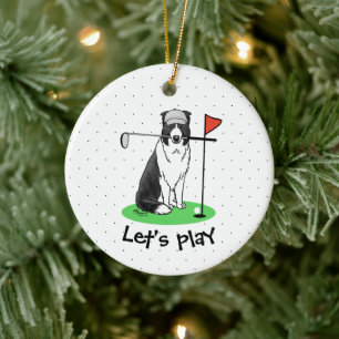 Border Collie Dog Playing Golf (black & white) Fun Ceramic Tree Decoration