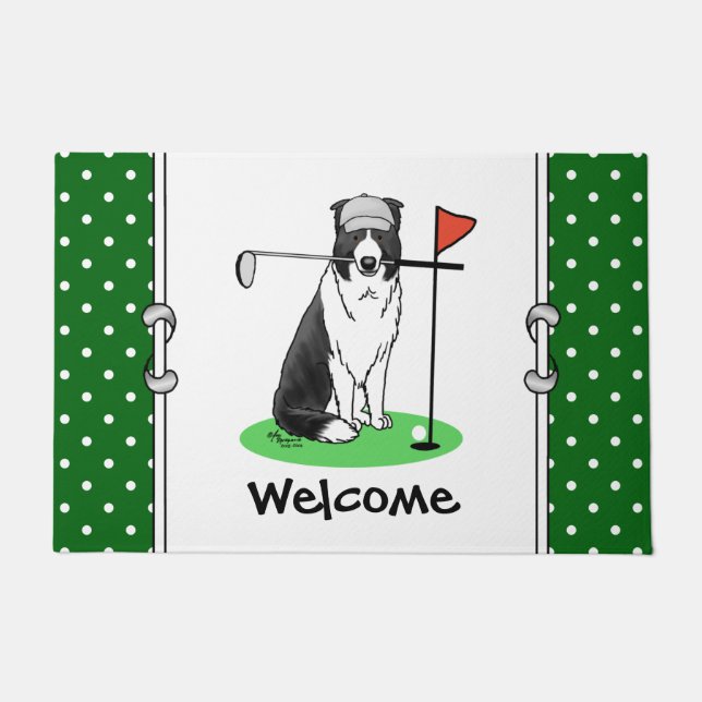 Border Collie Dog Playing Golf (black & white) Fun Doormat (Front)
