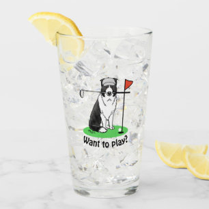 Border Collie Dog Playing Golf (black & white) Fun Glass