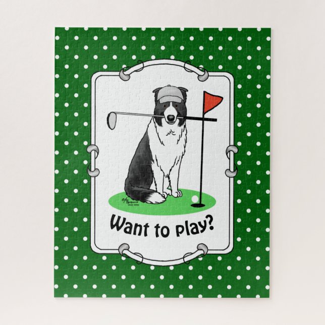 Border Collie Dog Playing Golf (black & white) Fun Jigsaw Puzzle (Vertical)