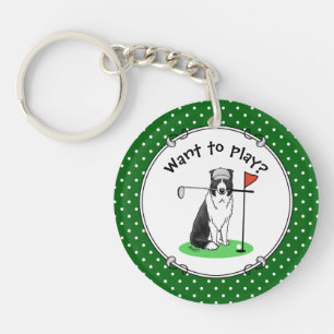 Border Collie Dog Playing Golf (black & white) Fun Key Ring