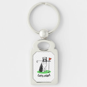 Border Collie Dog Playing Golf (black & white) Fun Key Ring