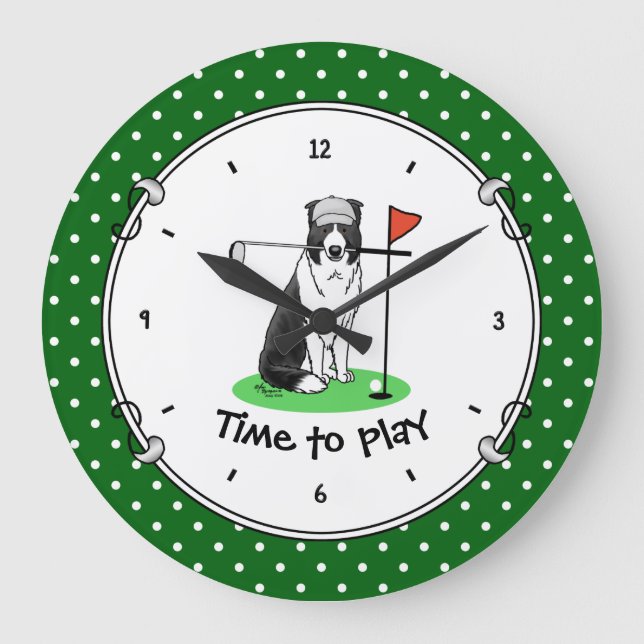 Border Collie Dog Playing Golf (black & white) Fun Large Clock (Front)