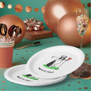 Border Collie Dog Playing Golf (black & white) Fun Paper Plate