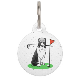 Border Collie Dog Playing Golf (black & white) Fun Pet Tag