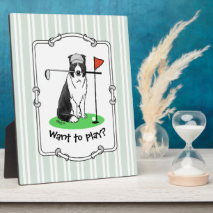 Border Collie Dog Playing Golf (black & white) Fun Plaque