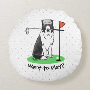 Border Collie Dog Playing Golf (black & white) Fun Round Cushion