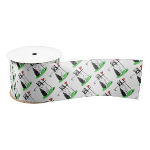 Border Collie Dog Playing Golf (black & white) Fun Satin Ribbon