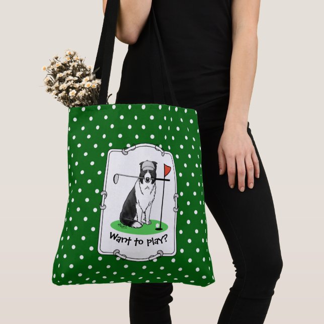 Border Collie Dog Playing Golf (black & white) Fun Tote Bag (Close Up)