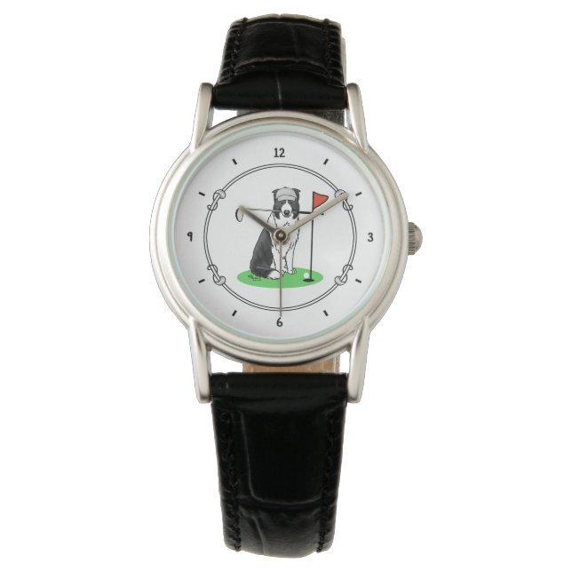 Border Collie Dog Playing Golf (black & white) Fun Watch (Front)