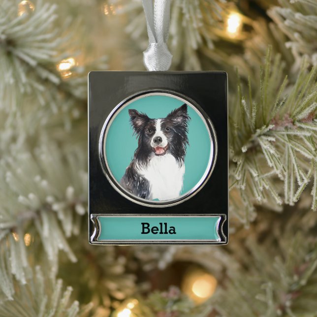 Border Collie Dog Portrait Personalised Silver Plated Banner Ornament (Tree)