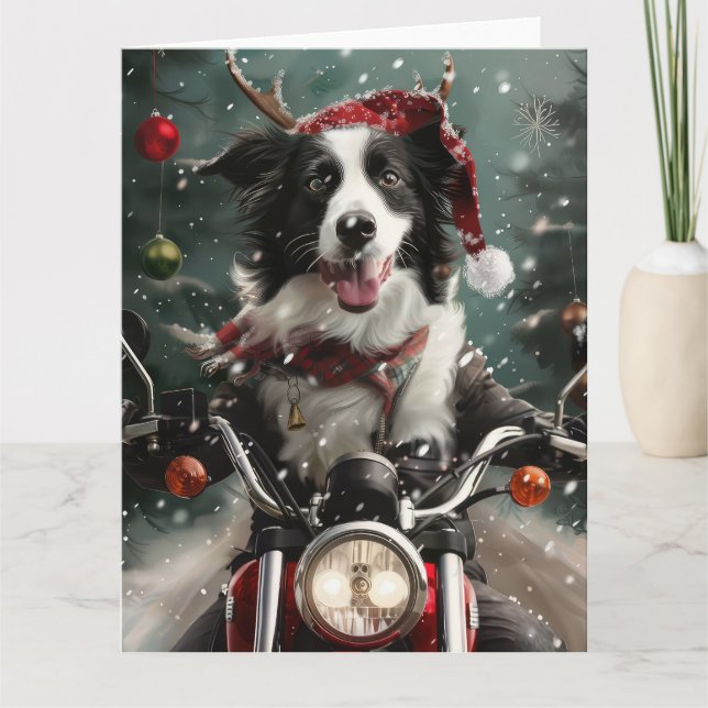 Border Collie Dog Riding Motorcycle Christmas  Card (Front)
