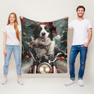 Border Collie Dog Riding Motorcycle Christmas  Fleece Blanket