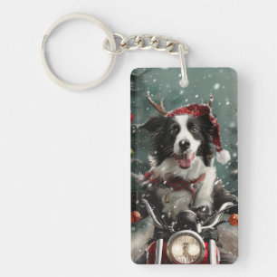 Border Collie Dog Riding Motorcycle Christmas  Key Ring