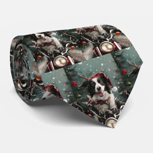 Border Collie Dog Riding Motorcycle Christmas  Tie (Rolled)