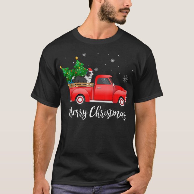 Border Collie Dog Riding Red Truck Christmas  T-Shirt (Front)