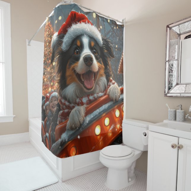 Border Collie Dog Roller Coaster Christmas Shower Curtain (In Situ)