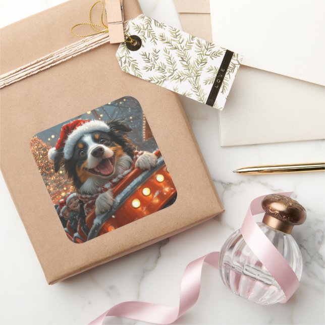 Border Collie Dog Roller Coaster Christmas Square Sticker (Gifting)