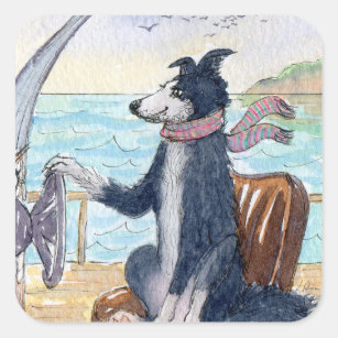 Border Collie dog rounding up waves at sea Square Sticker
