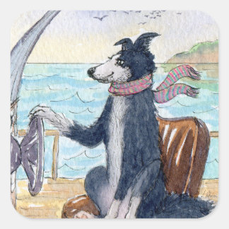 Border Collie dog rounding up waves at sea Square Sticker
