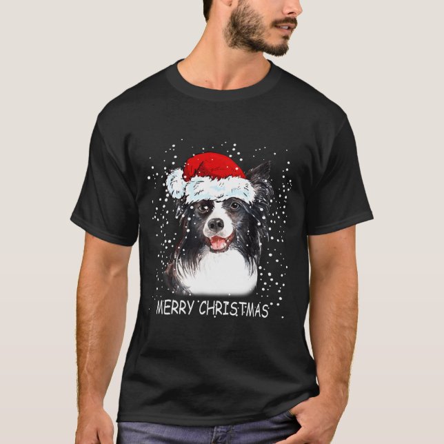 Border Collie Dog Santa Christmas Lights Xmas Boys T-Shirt (Front)
