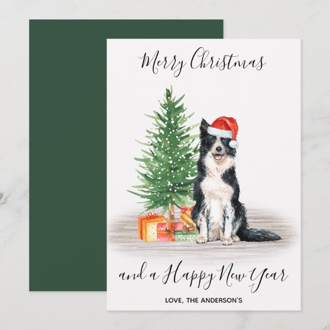 Border Collie Dog Santa Tree Merry Christmas Holiday Card (Front/Back)